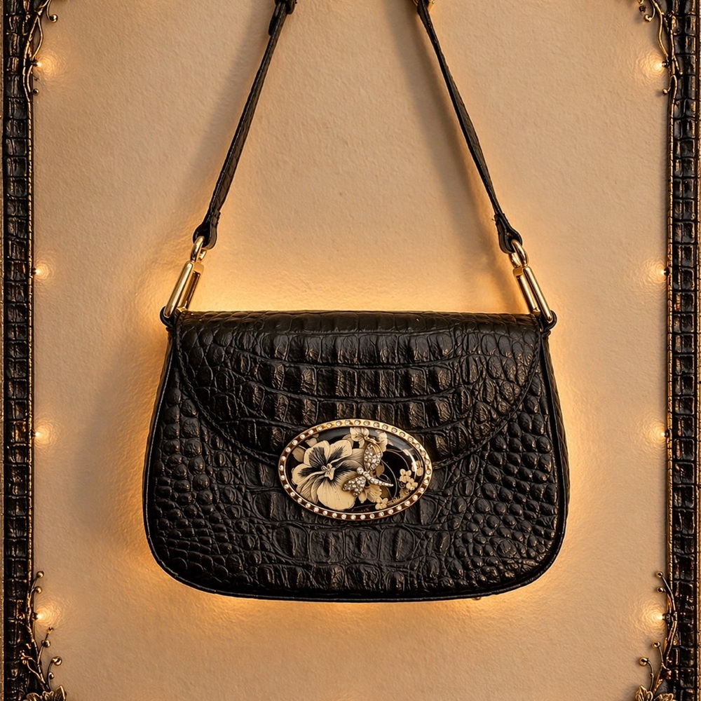 Debbie Brooks Black Crocodile Pattern Bag With Dragonfly Medallion